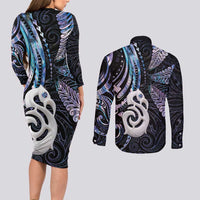 New Zealand Aotearoa Couples Matching Long Sleeve Bodycon Dress and Long Sleeve Button Shirt Maori Hei Manaia Purple Paua Shell DT04 - Polynesian Pride