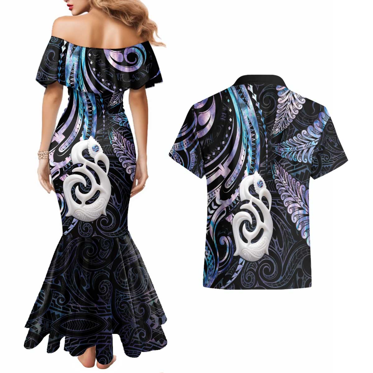 New Zealand Aotearoa Couples Matching Mermaid Dress and Hawaiian Shirt Maori Hei Manaia Purple Paua Shell DT04 - Polynesian Pride