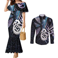 New Zealand Aotearoa Couples Matching Mermaid Dress and Long Sleeve Button Shirt Maori Hei Manaia Purple Paua Shell DT04 Purple - Polynesian Pride