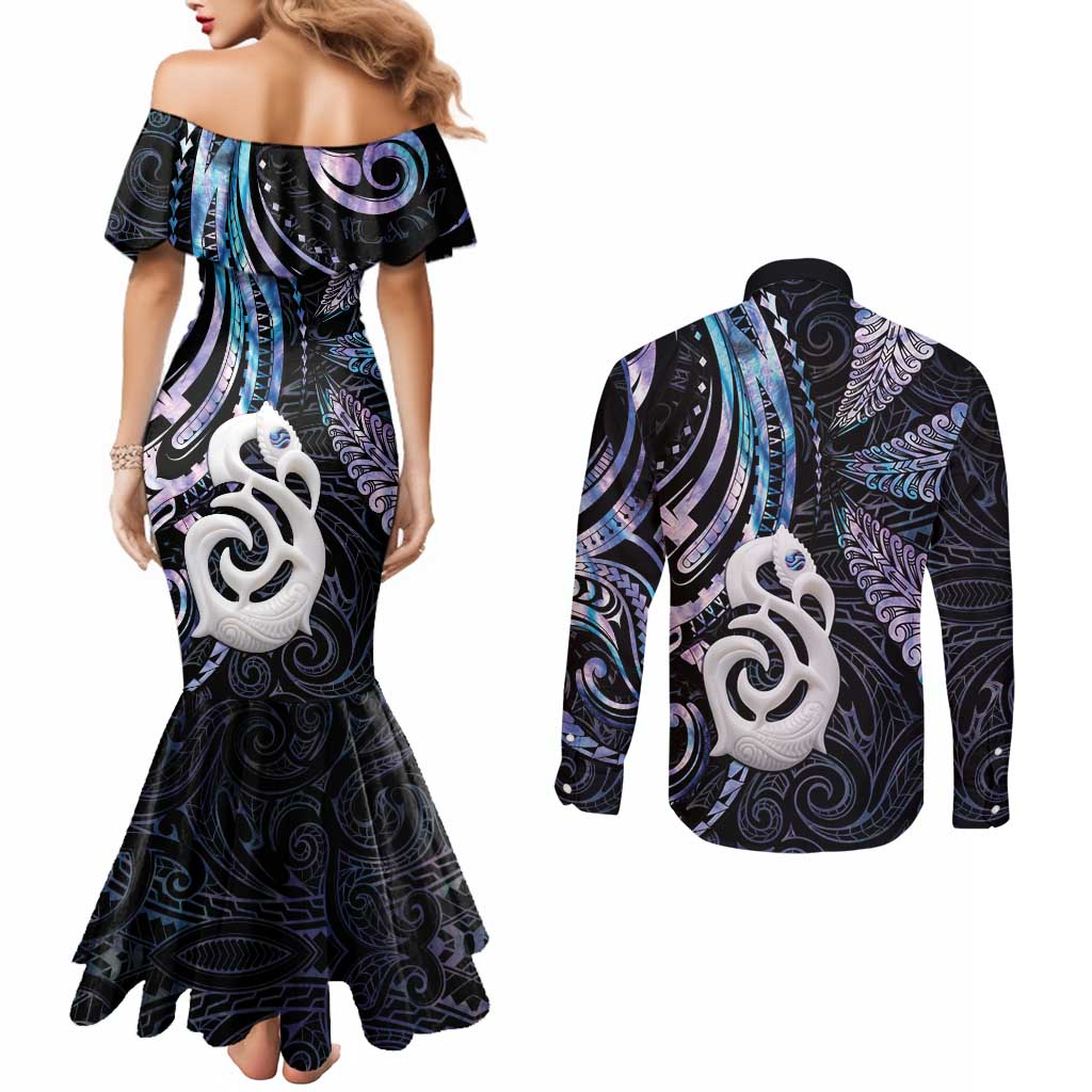 New Zealand Aotearoa Couples Matching Mermaid Dress and Long Sleeve Button Shirt Maori Hei Manaia Purple Paua Shell DT04 - Polynesian Pride