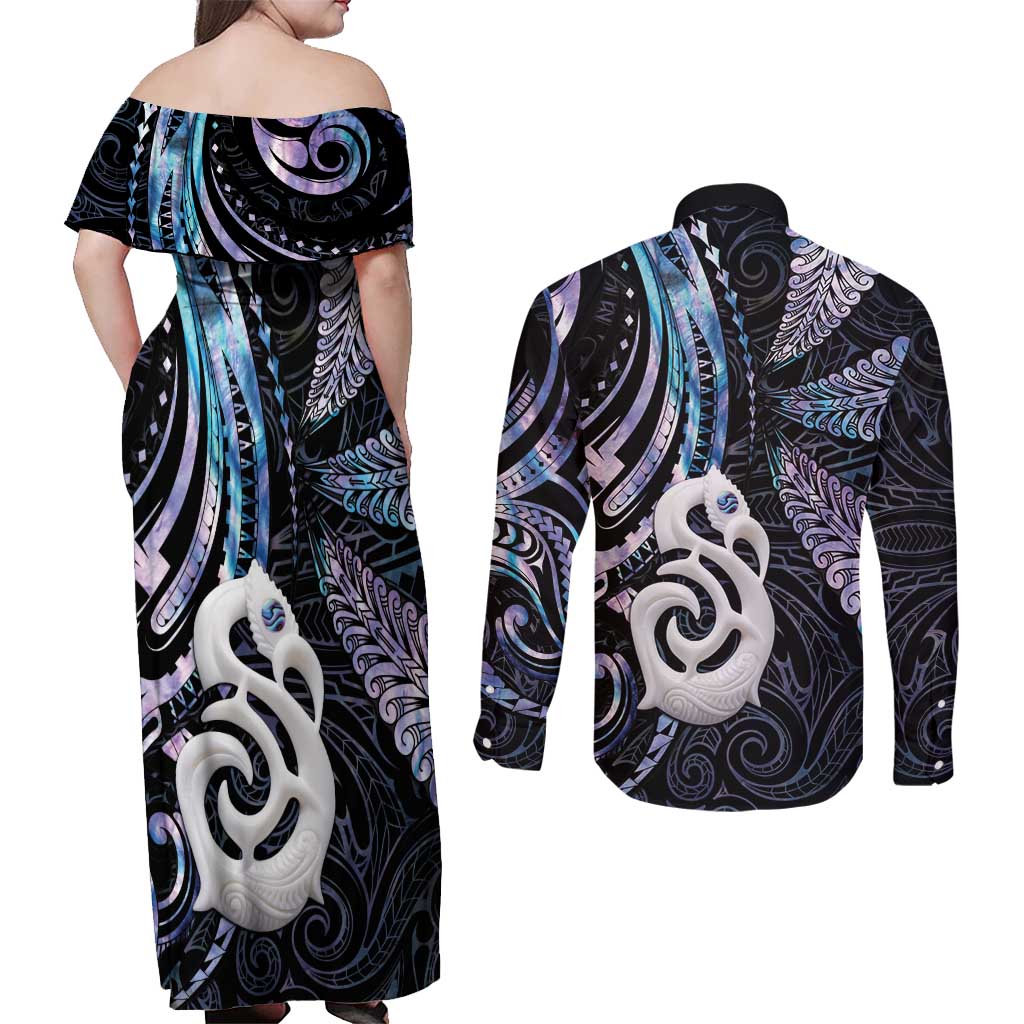 New Zealand Aotearoa Couples Matching Off Shoulder Maxi Dress and Long Sleeve Button Shirt Maori Hei Manaia Purple Paua Shell DT04 - Polynesian Pride