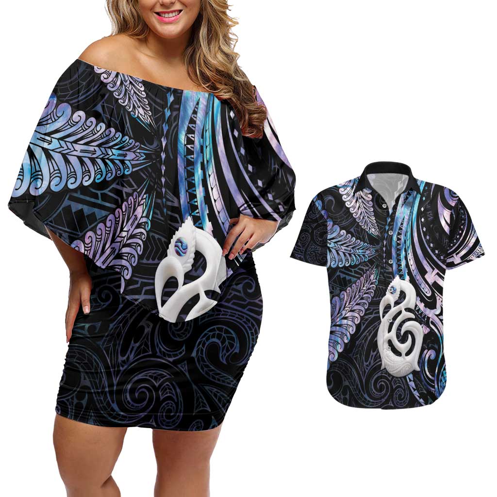 New Zealand Aotearoa Couples Matching Off Shoulder Short Dress and Hawaiian Shirt Maori Hei Manaia Purple Paua Shell DT04 Purple - Polynesian Pride