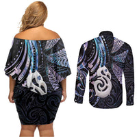 New Zealand Aotearoa Couples Matching Off Shoulder Short Dress and Long Sleeve Button Shirt Maori Hei Manaia Purple Paua Shell DT04 - Polynesian Pride