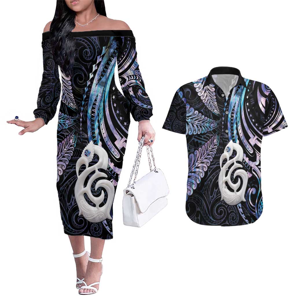 New Zealand Aotearoa Couples Matching Off The Shoulder Long Sleeve Dress and Hawaiian Shirt Maori Hei Manaia Purple Paua Shell DT04 Purple - Polynesian Pride