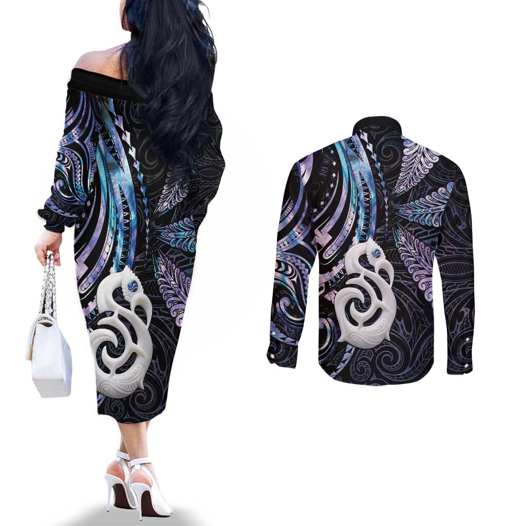 New Zealand Aotearoa Couples Matching Off The Shoulder Long Sleeve Dress and Long Sleeve Button Shirt Maori Hei Manaia Purple Paua Shell DT04 - Polynesian Pride