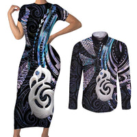 New Zealand Aotearoa Couples Matching Short Sleeve Bodycon Dress and Long Sleeve Button Shirt Maori Hei Manaia Purple Paua Shell DT04 Purple - Polynesian Pride