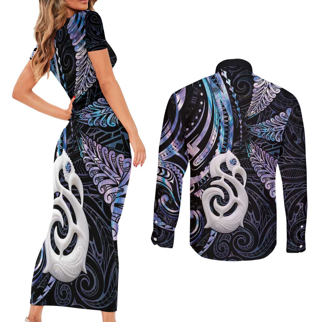 New Zealand Aotearoa Couples Matching Short Sleeve Bodycon Dress and Long Sleeve Button Shirt Maori Hei Manaia Purple Paua Shell DT04 - Polynesian Pride