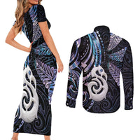 New Zealand Aotearoa Couples Matching Short Sleeve Bodycon Dress and Long Sleeve Button Shirt Maori Hei Manaia Purple Paua Shell DT04 - Polynesian Pride
