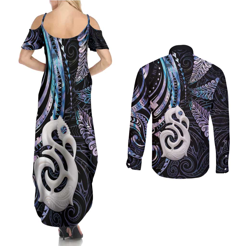 New Zealand Aotearoa Couples Matching Summer Maxi Dress and Long Sleeve Button Shirt Maori Hei Manaia Purple Paua Shell DT04 - Polynesian Pride