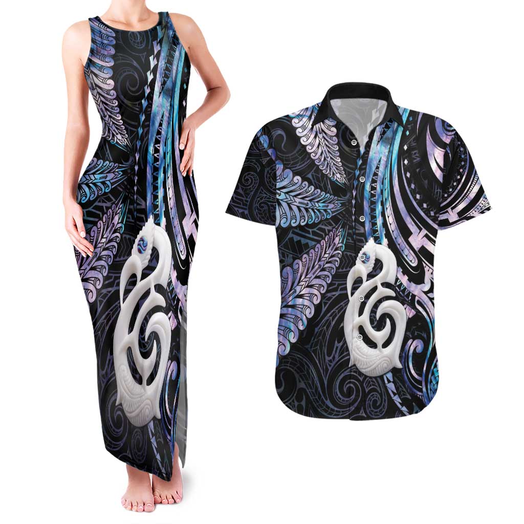 New Zealand Aotearoa Couples Matching Tank Maxi Dress and Hawaiian Shirt Maori Hei Manaia Purple Paua Shell DT04 Purple - Polynesian Pride