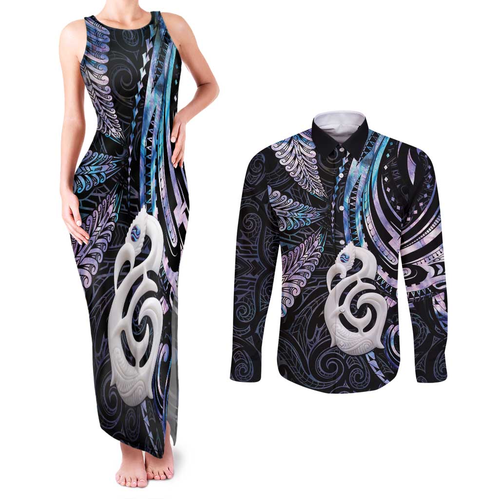 New Zealand Aotearoa Couples Matching Tank Maxi Dress and Long Sleeve Button Shirt Maori Hei Manaia Purple Paua Shell DT04 Purple - Polynesian Pride