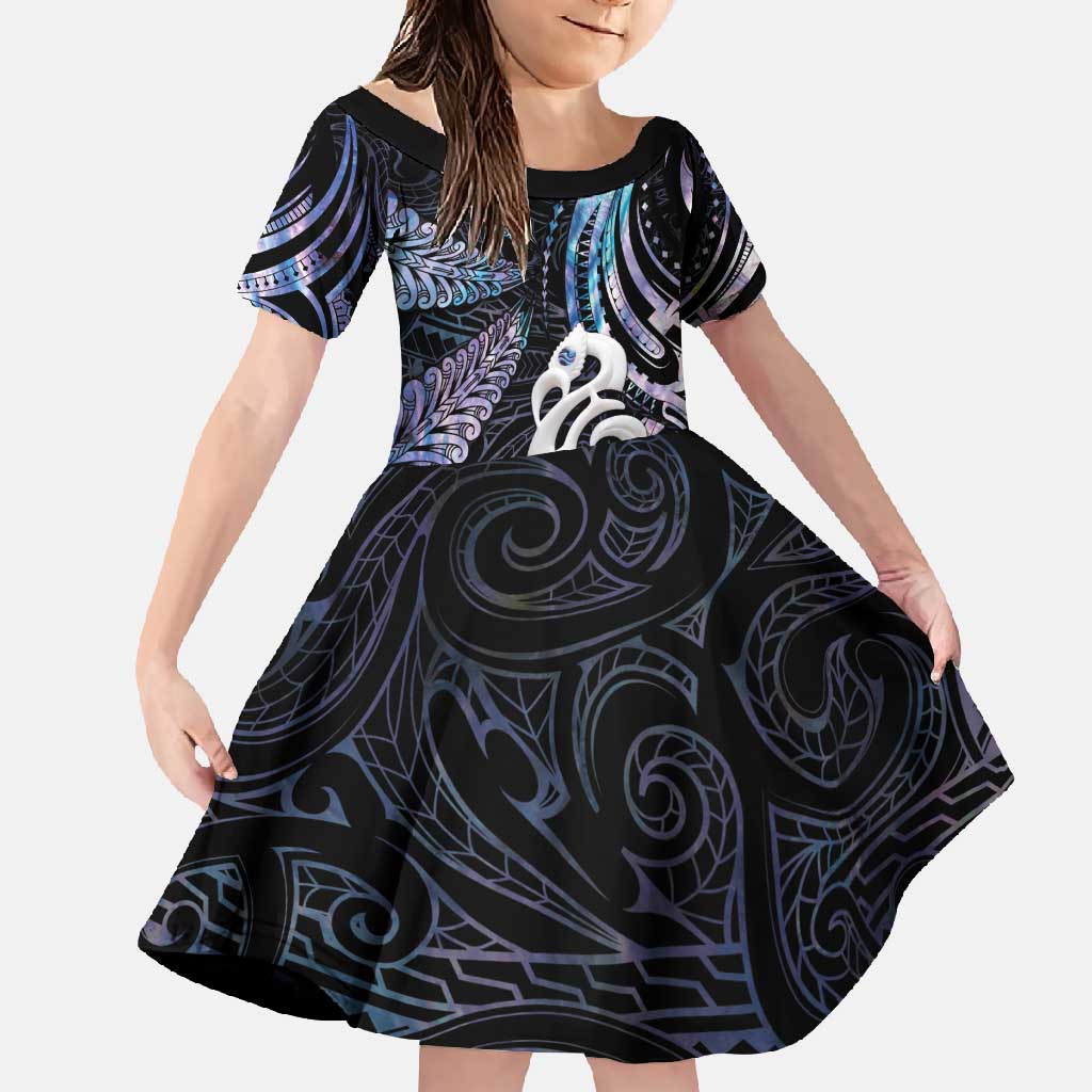 New Zealand Aotearoa Family Matching Off Shoulder Maxi Dress and Hawaiian Shirt Maori Hei Manaia Purple Paua Shell DT04 Daughter's Dress Purple - Polynesian Pride