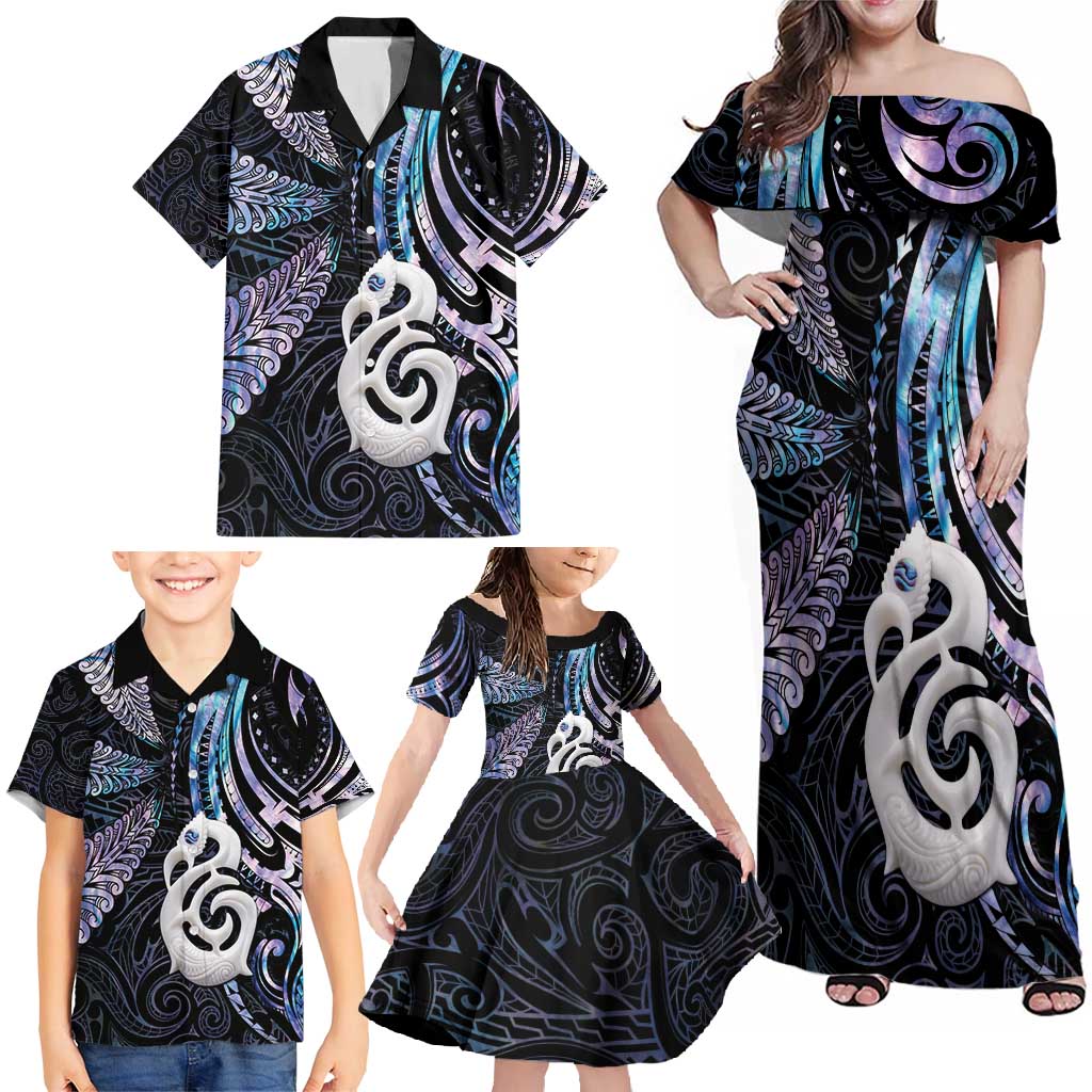 New Zealand Aotearoa Family Matching Off Shoulder Maxi Dress and Hawaiian Shirt Maori Hei Manaia Purple Paua Shell DT04 - Polynesian Pride