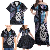 New Zealand Aotearoa Family Matching Off Shoulder Maxi Dress and Hawaiian Shirt Maori Hei Manaia Purple Paua Shell DT04 - Polynesian Pride