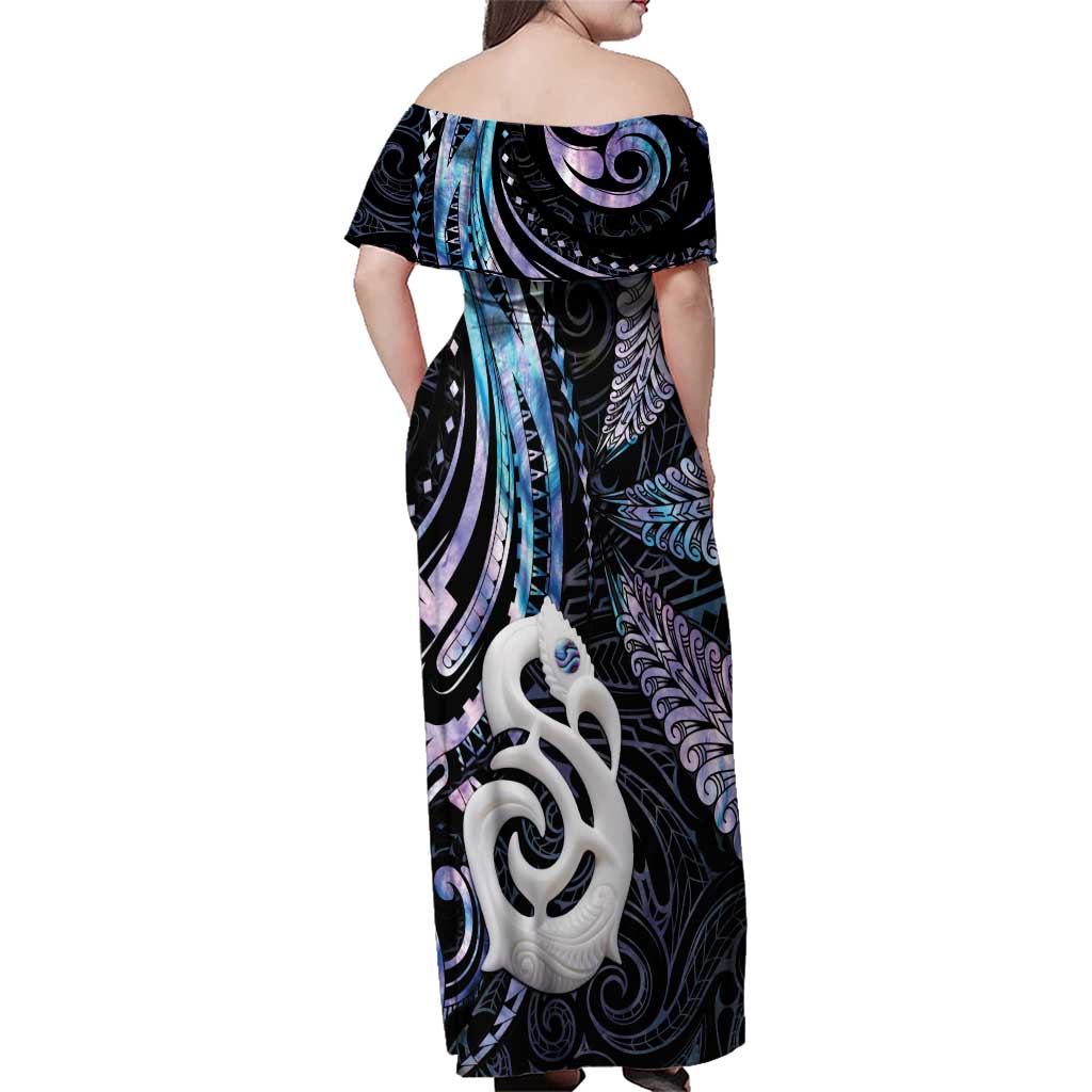New Zealand Aotearoa Family Matching Off Shoulder Maxi Dress and Hawaiian Shirt Maori Hei Manaia Purple Paua Shell DT04 - Polynesian Pride