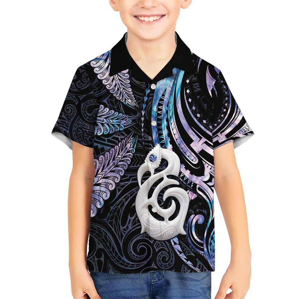 New Zealand Aotearoa Family Matching Off Shoulder Short Dress and Hawaiian Shirt Maori Hei Manaia Purple Paua Shell DT04 Son's Shirt Purple - Polynesian Pride