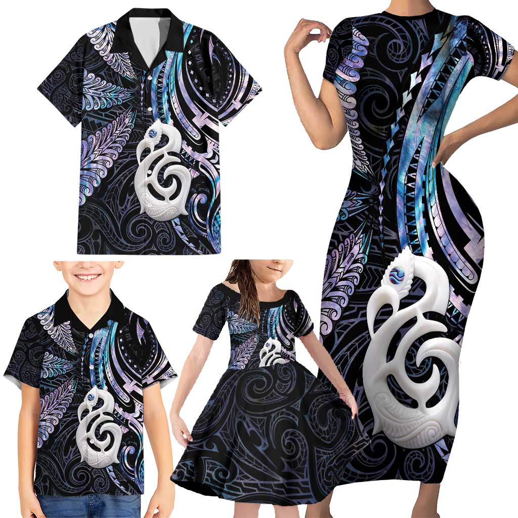New Zealand Aotearoa Family Matching Short Sleeve Bodycon Dress and Hawaiian Shirt Maori Hei Manaia Purple Paua Shell DT04 - Polynesian Pride