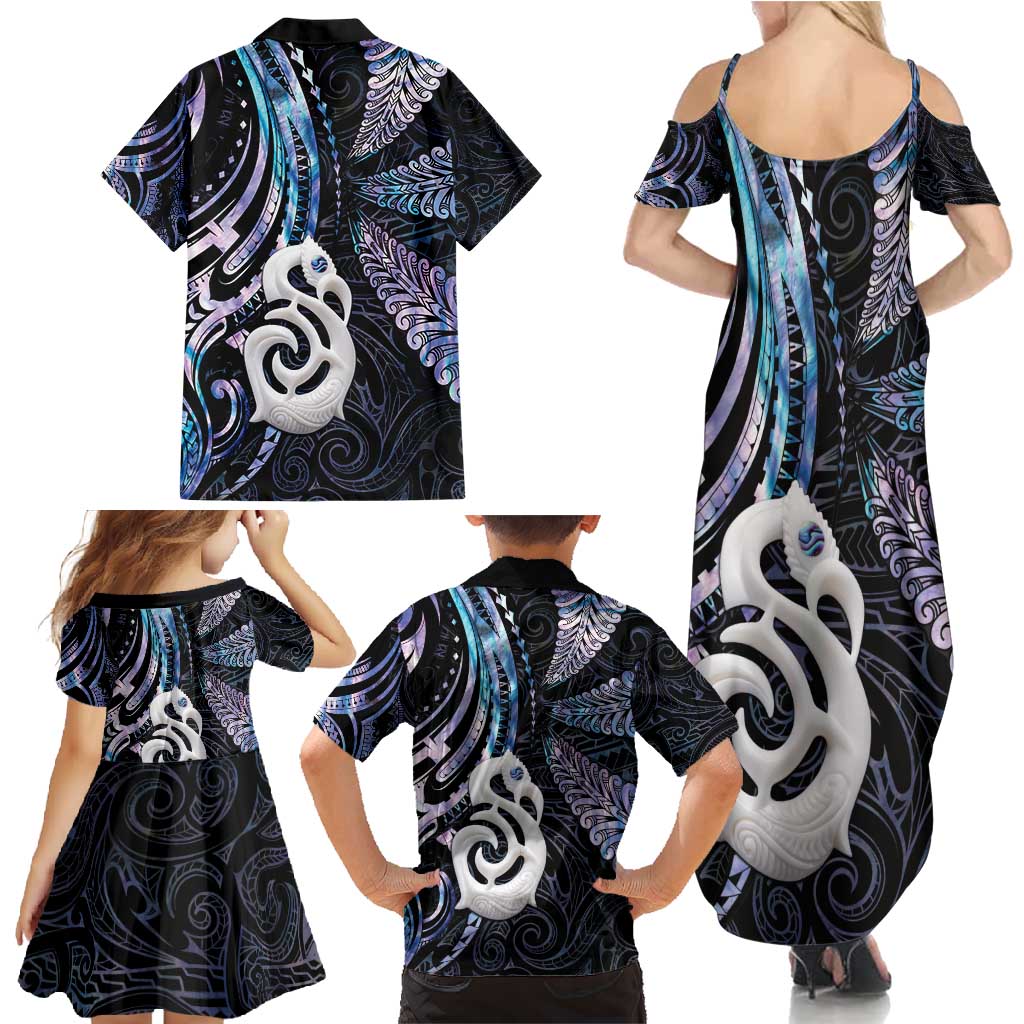 New Zealand Aotearoa Family Matching Summer Maxi Dress and Hawaiian Shirt Maori Hei Manaia Purple Paua Shell DT04 - Polynesian Pride