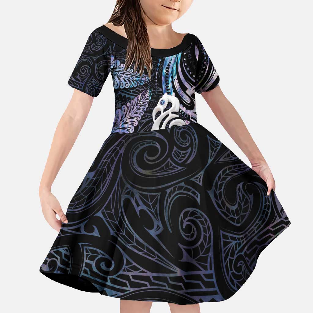 New Zealand Aotearoa Family Matching Tank Maxi Dress and Hawaiian Shirt Maori Hei Manaia Purple Paua Shell DT04 Daughter's Dress Purple - Polynesian Pride