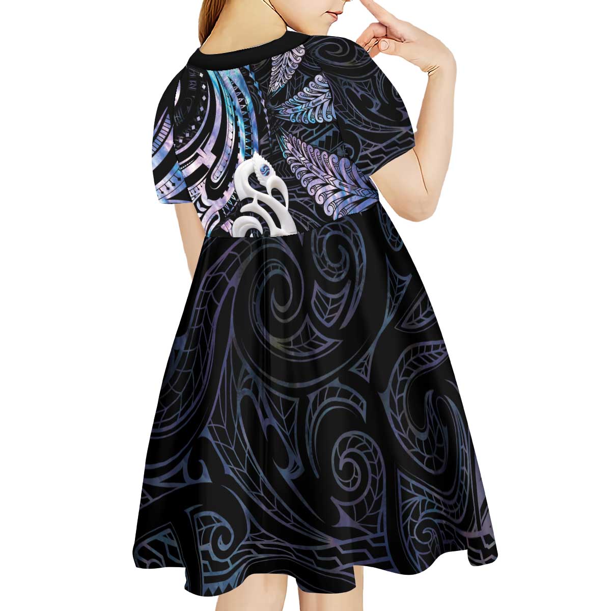 New Zealand Aotearoa Kid Short Sleeve Dress Maori Hei Manaia Purple Paua Shell