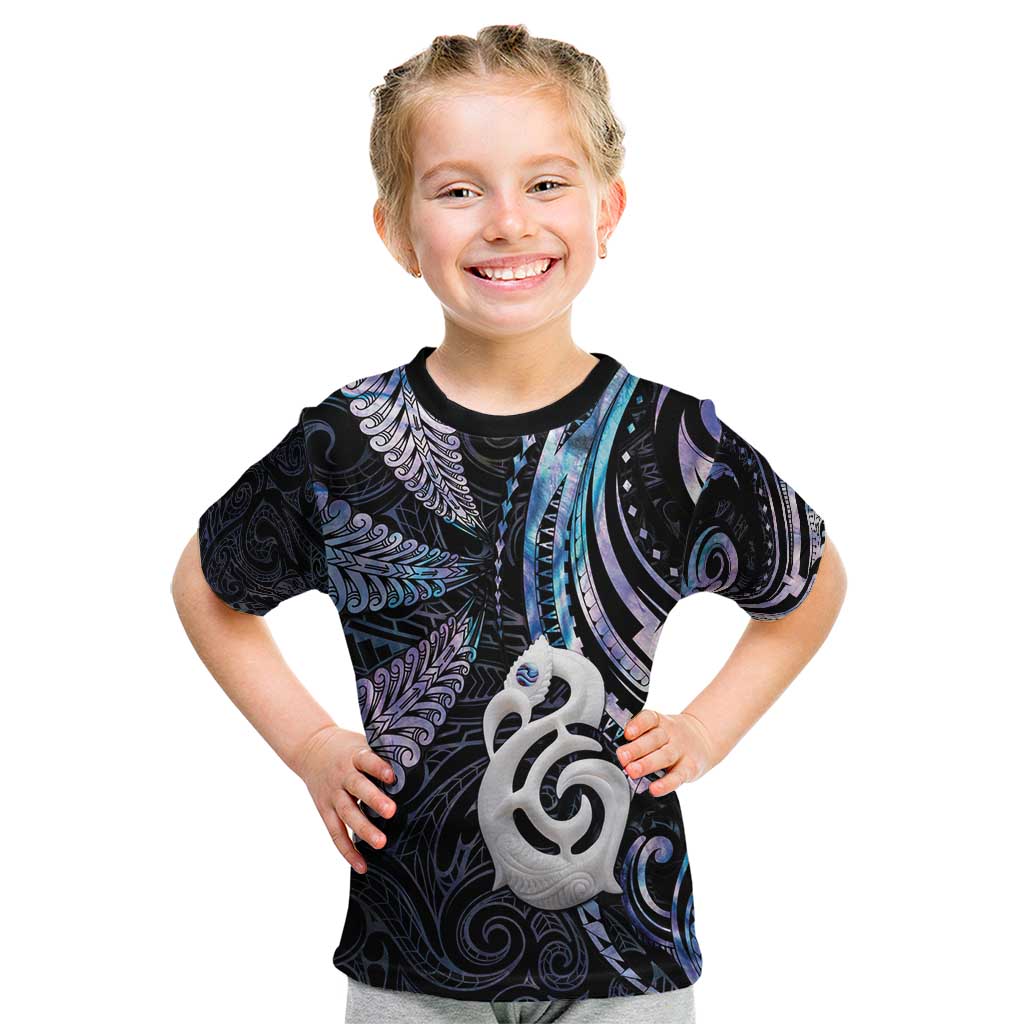 New Zealand Aotearoa Kid T Shirt Maori Hei Manaia Purple Paua Shell