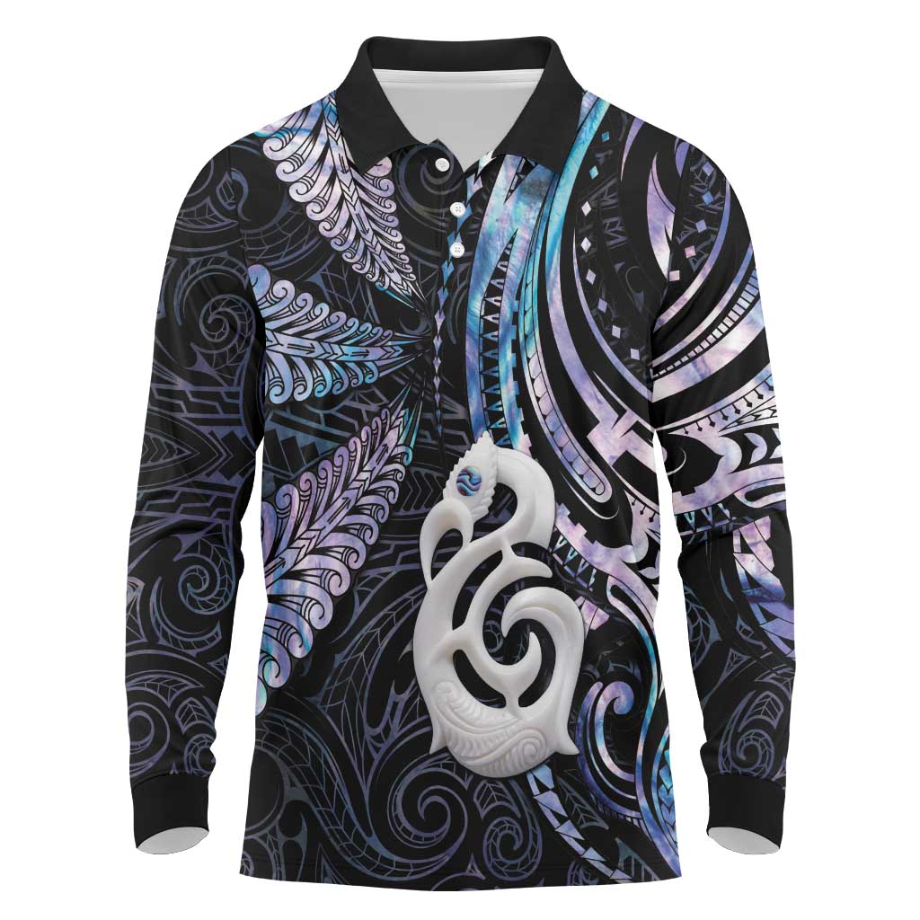 New Zealand Aotearoa Long Sleeve Polo Shirt Maori Hei Manaia Purple Paua Shell