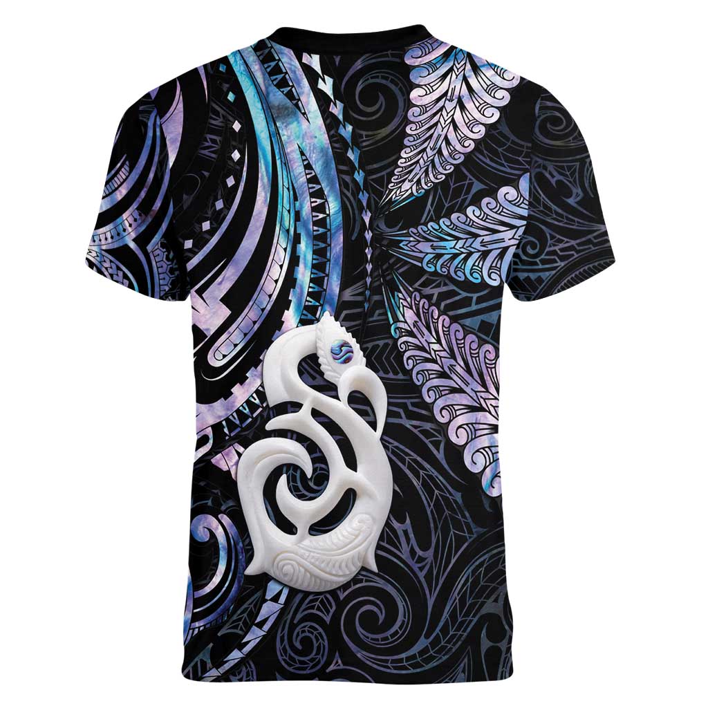 New Zealand Aotearoa Women V-Neck T-Shirt Maori Hei Manaia Purple Paua Shell DT04 - Polynesian Pride