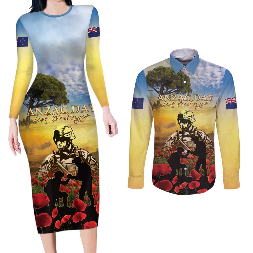 New Zealand ANZAC Day Couples Matching Long Sleeve Bodycon Dress and Long Sleeve Button Shirt The Ode Remembrance And Poppy DT04 Yellow - Polynesian Pride