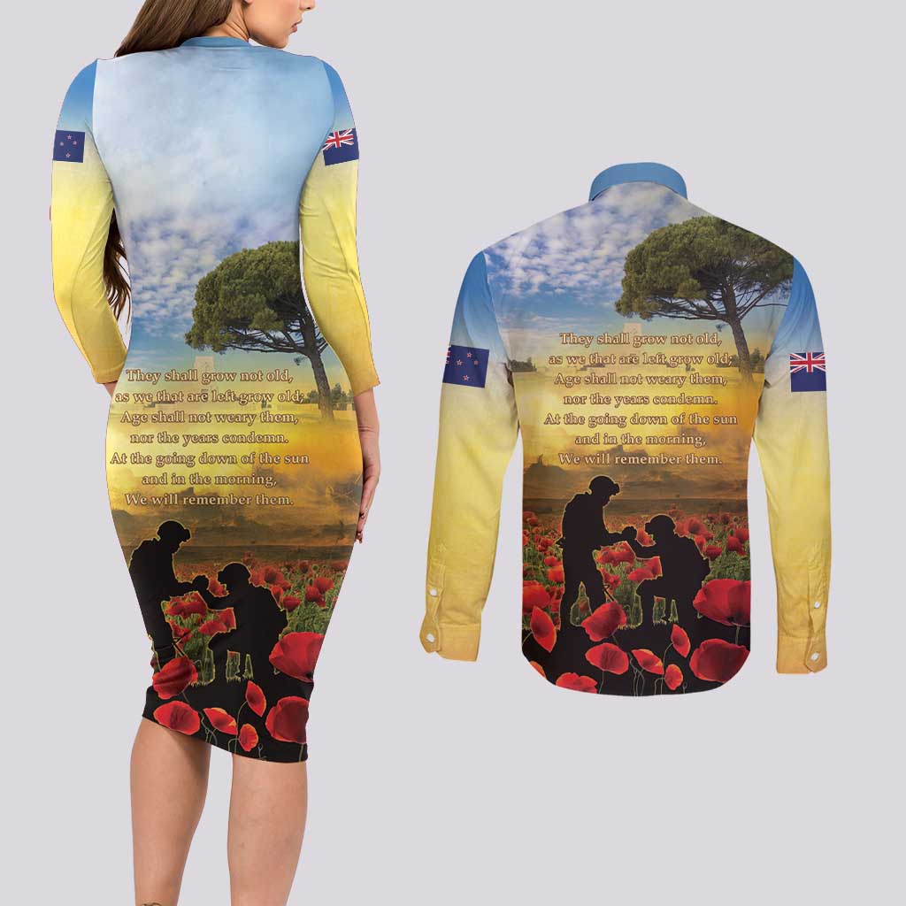 New Zealand ANZAC Day Couples Matching Long Sleeve Bodycon Dress and Long Sleeve Button Shirt The Ode Remembrance And Poppy DT04 - Polynesian Pride