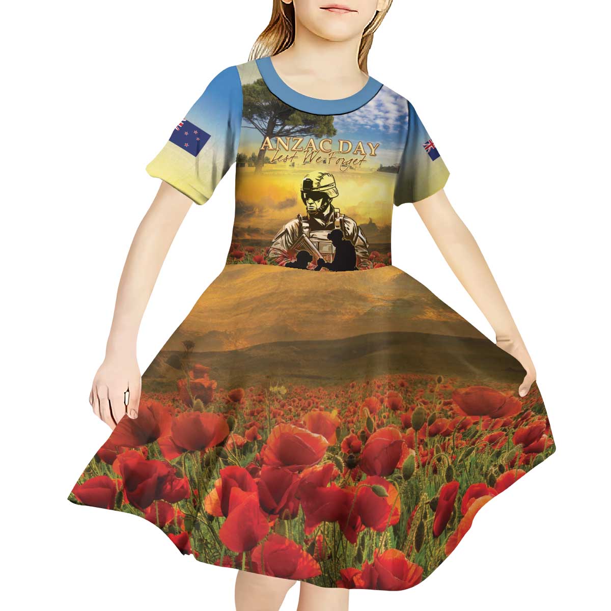New Zealand ANZAC Day Kid Short Sleeve Dress The Ode Remembrance And Poppy