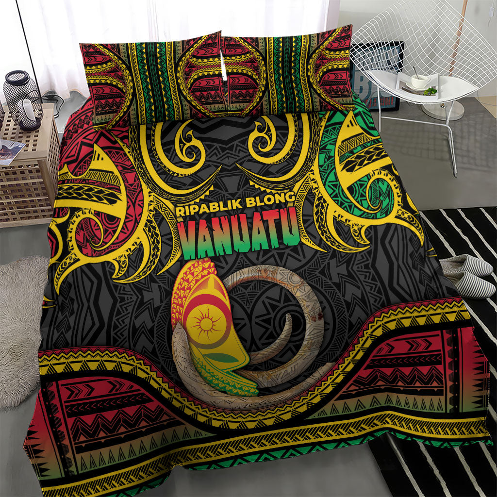 Vanuatu Language Week Bedding Set Boar Tusk Warrior Tribal Floral Pattern