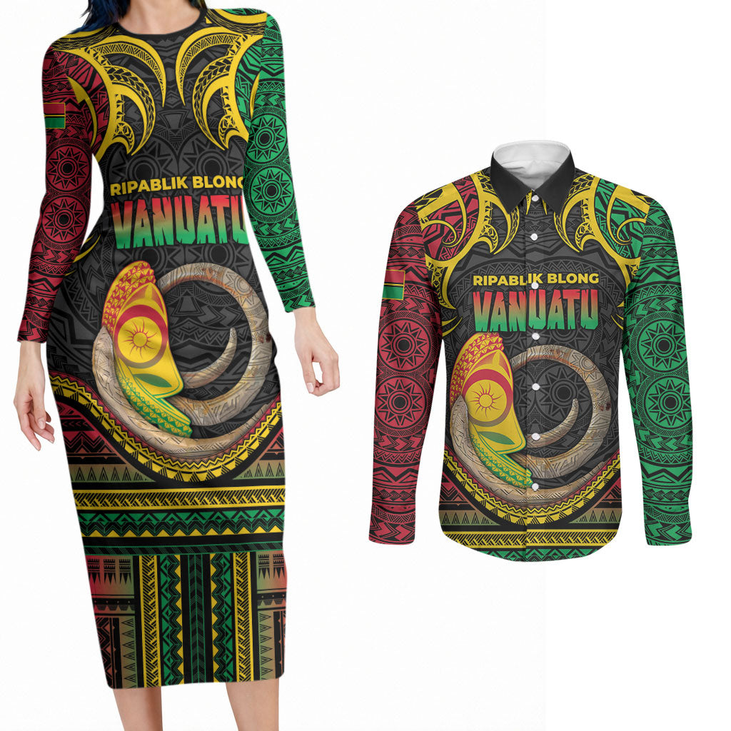 Vanuatu Language Week Couples Matching Long Sleeve Bodycon Dress and Long Sleeve Button Shirt Boar Tusk Warrior Tribal Floral Pattern DT05 Black - Polynesian Pride