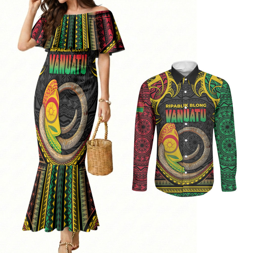 Vanuatu Language Week Couples Matching Mermaid Dress and Long Sleeve Button Shirt Boar Tusk Warrior Tribal Floral Pattern DT05 Black - Polynesian Pride