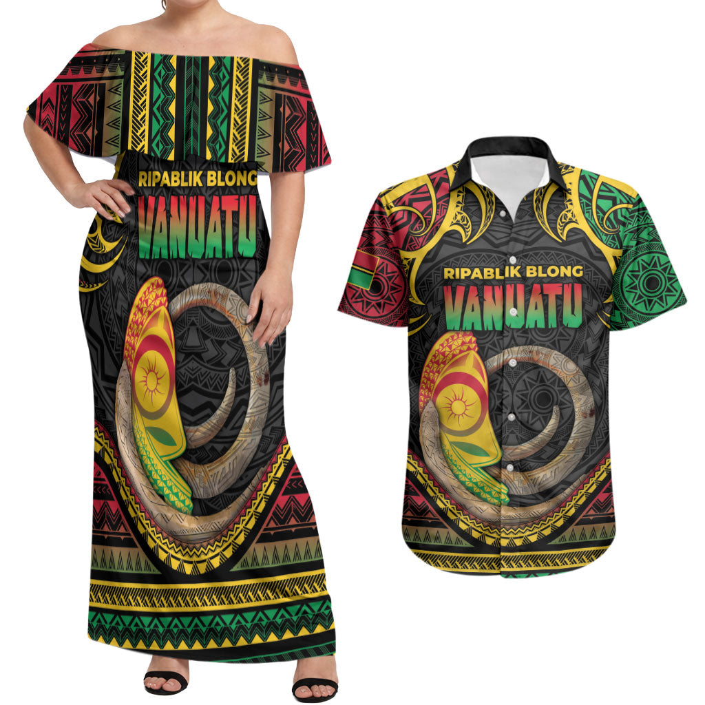 Vanuatu Language Week Couples Matching Off Shoulder Maxi Dress and Hawaiian Shirt Boar Tusk Warrior Tribal Floral Pattern