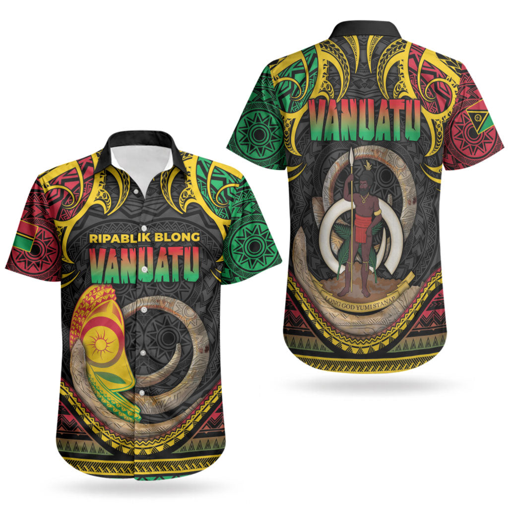 Vanuatu Language Week Couples Matching Off Shoulder Short Dress and Hawaiian Shirt Boar Tusk Warrior Tribal Floral Pattern