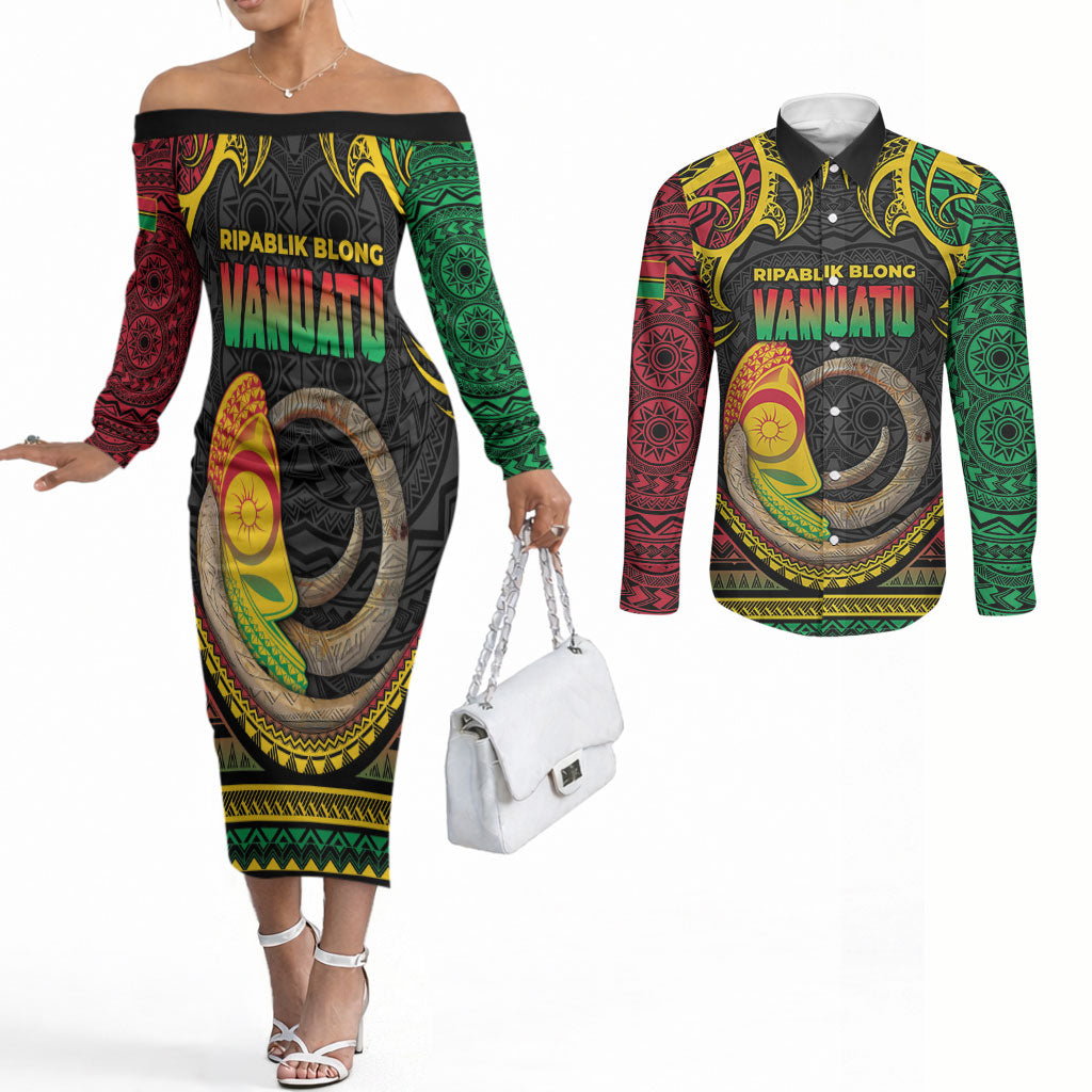 Vanuatu Language Week Couples Matching Off The Shoulder Long Sleeve Dress and Long Sleeve Button Shirt Boar Tusk Warrior Tribal Floral Pattern DT05 Black - Polynesian Pride