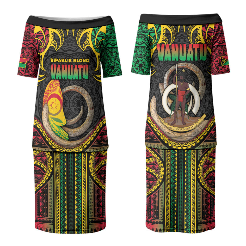 Vanuatu Language Week Couples Matching Puletasi and Hawaiian Shirt Boar Tusk Warrior Tribal Floral Pattern