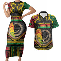 Vanuatu Language Week Couples Matching Short Sleeve Bodycon Dress and Hawaiian Shirt Boar Tusk Warrior Tribal Floral Pattern