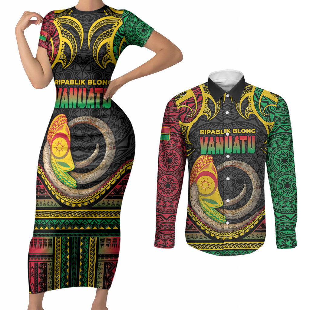 Vanuatu Language Week Couples Matching Short Sleeve Bodycon Dress and Long Sleeve Button Shirt Boar Tusk Warrior Tribal Floral Pattern DT05 Black - Polynesian Pride