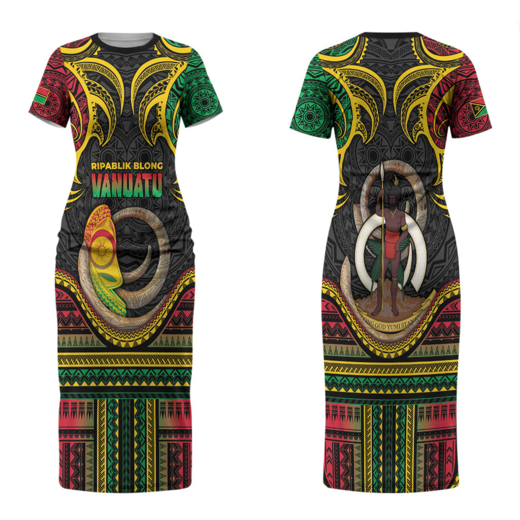 Vanuatu Language Week Couples Matching Short Sleeve Bodycon Dress and Long Sleeve Button Shirt Boar Tusk Warrior Tribal Floral Pattern