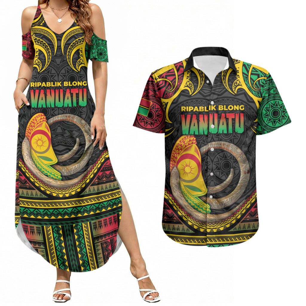 Vanuatu Language Week Couples Matching Summer Maxi Dress and Hawaiian Shirt Boar Tusk Warrior Tribal Floral Pattern DT05 Black - Polynesian Pride