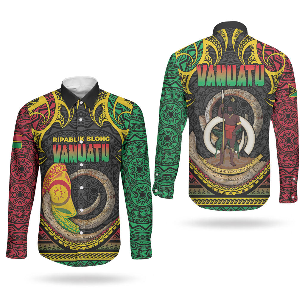 Vanuatu Language Week Couples Matching Summer Maxi Dress and Long Sleeve Button Shirt Boar Tusk Warrior Tribal Floral Pattern