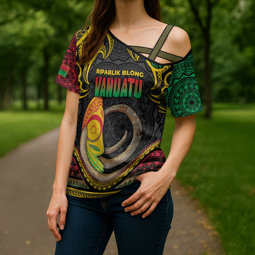 Vanuatu Language Week Cross Shoulder Shirt Boar Tusk Warrior Tribal Floral Pattern