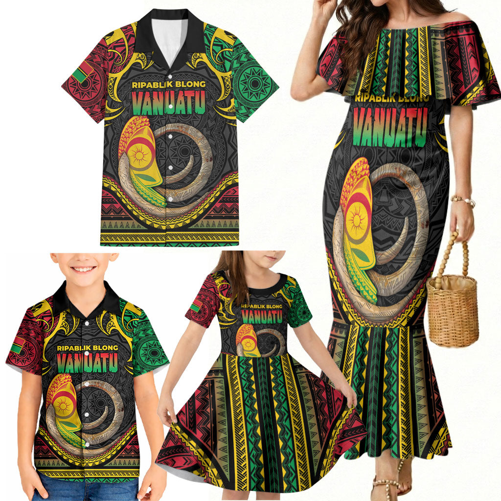 Vanuatu Language Week Family Matching Mermaid Dress and Hawaiian Shirt Boar Tusk Warrior Tribal Floral Pattern DT05 - Polynesian Pride