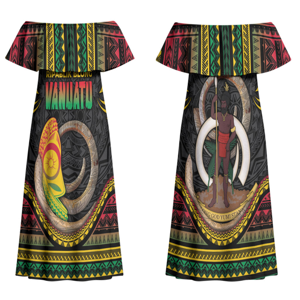 Vanuatu Language Week Family Matching Off Shoulder Maxi Dress and Hawaiian Shirt Boar Tusk Warrior Tribal Floral Pattern