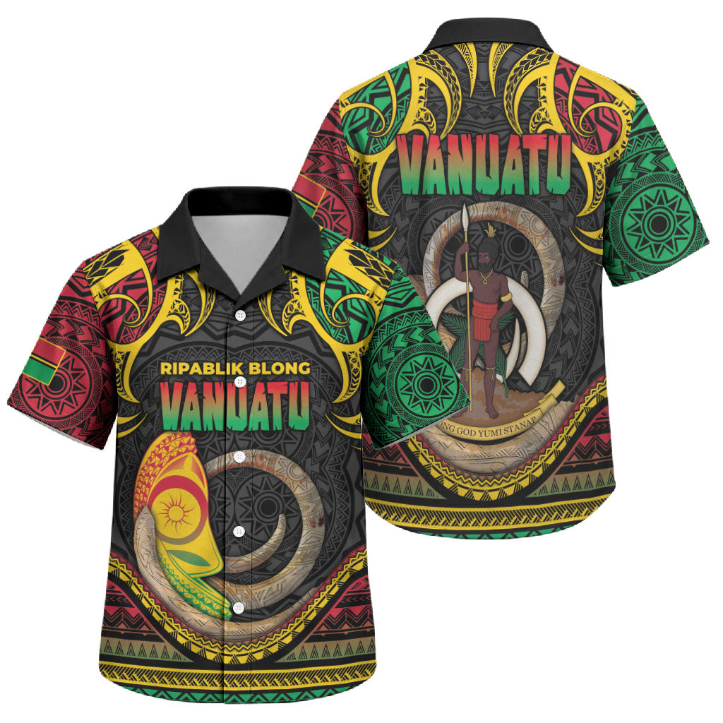 Vanuatu Language Week Family Matching Off Shoulder Short Dress and Hawaiian Shirt Boar Tusk Warrior Tribal Floral Pattern