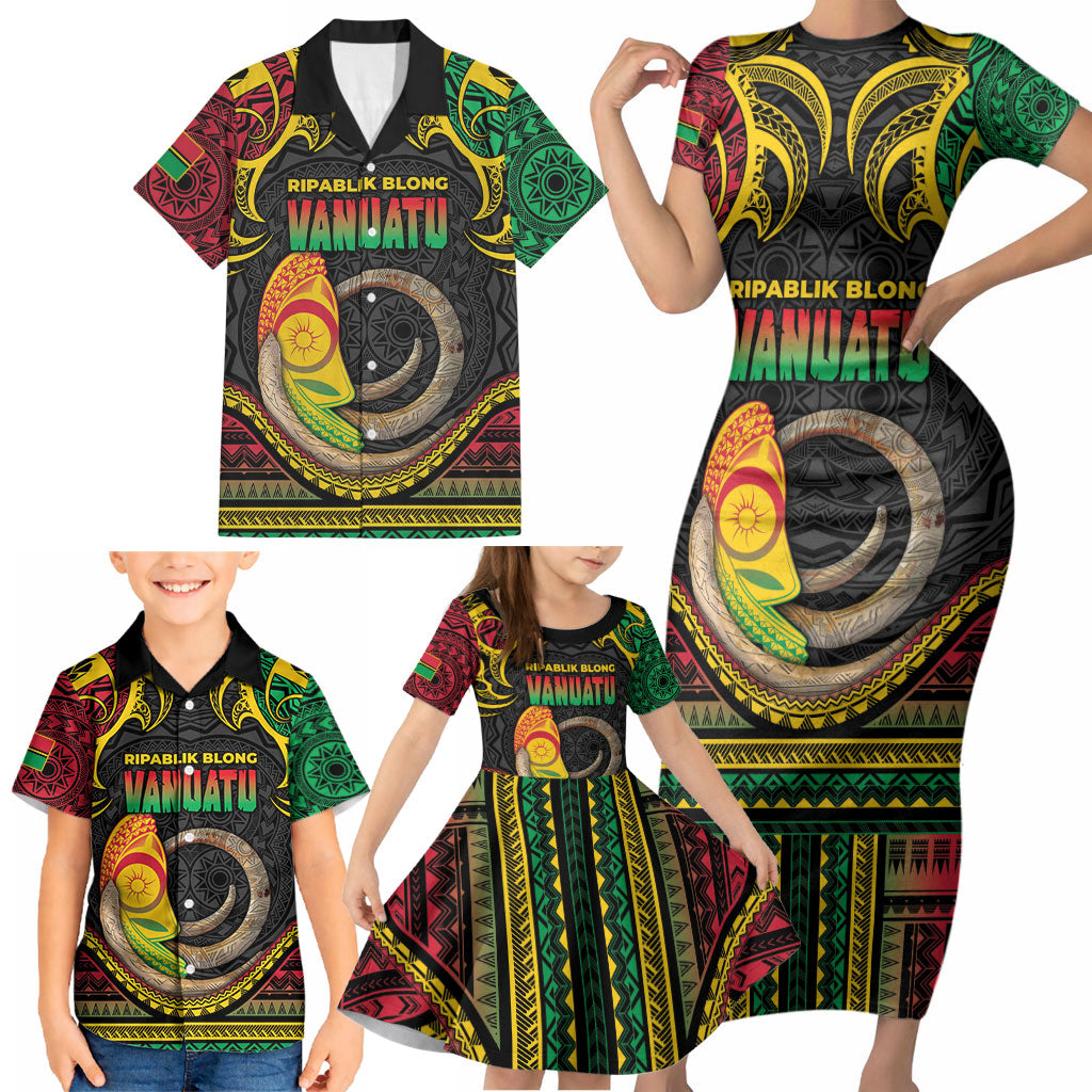 Vanuatu Language Week Family Matching Short Sleeve Bodycon Dress and Hawaiian Shirt Boar Tusk Warrior Tribal Floral Pattern