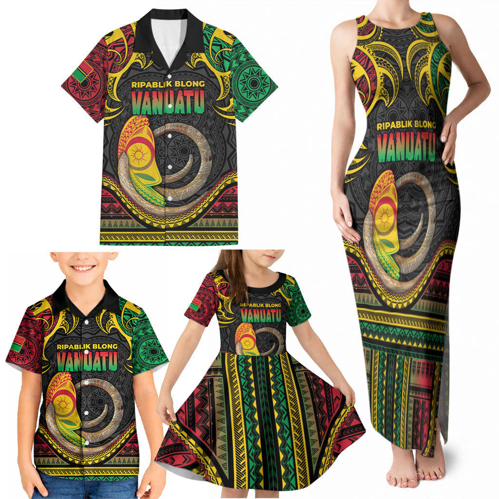 Vanuatu Language Week Family Matching Tank Maxi Dress and Hawaiian Shirt Boar Tusk Warrior Tribal Floral Pattern DT05 - Polynesian Pride