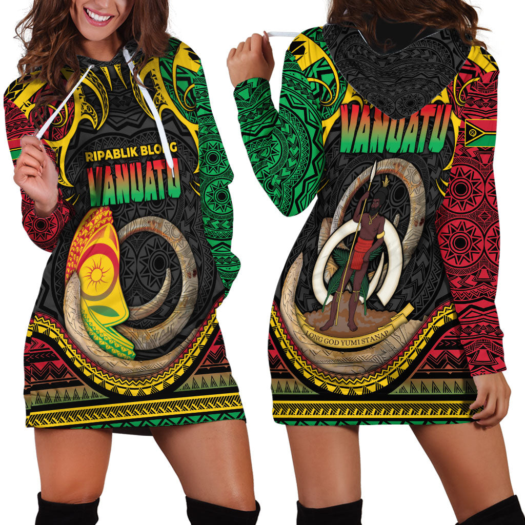Vanuatu Language Week Hoodie Dress Boar Tusk Warrior Tribal Floral Pattern