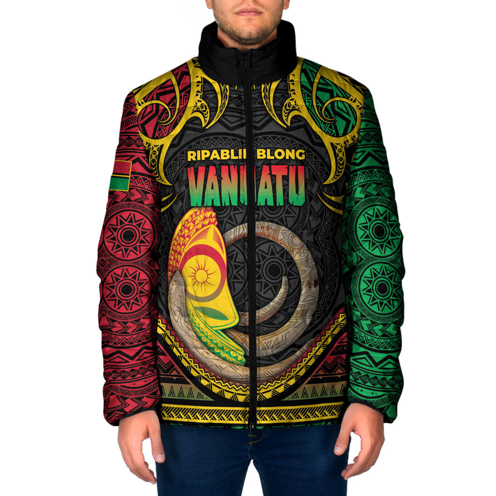 Vanuatu Language Week Padded Jacket Boar Tusk Warrior Tribal Floral Pattern DT05 Men Black - Polynesian Pride